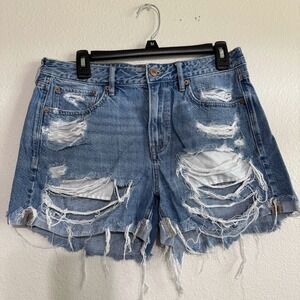 American‎ Eagle Tomgirl Shorts Women's 8 Blue Denim High-Rise Distressed Frayed